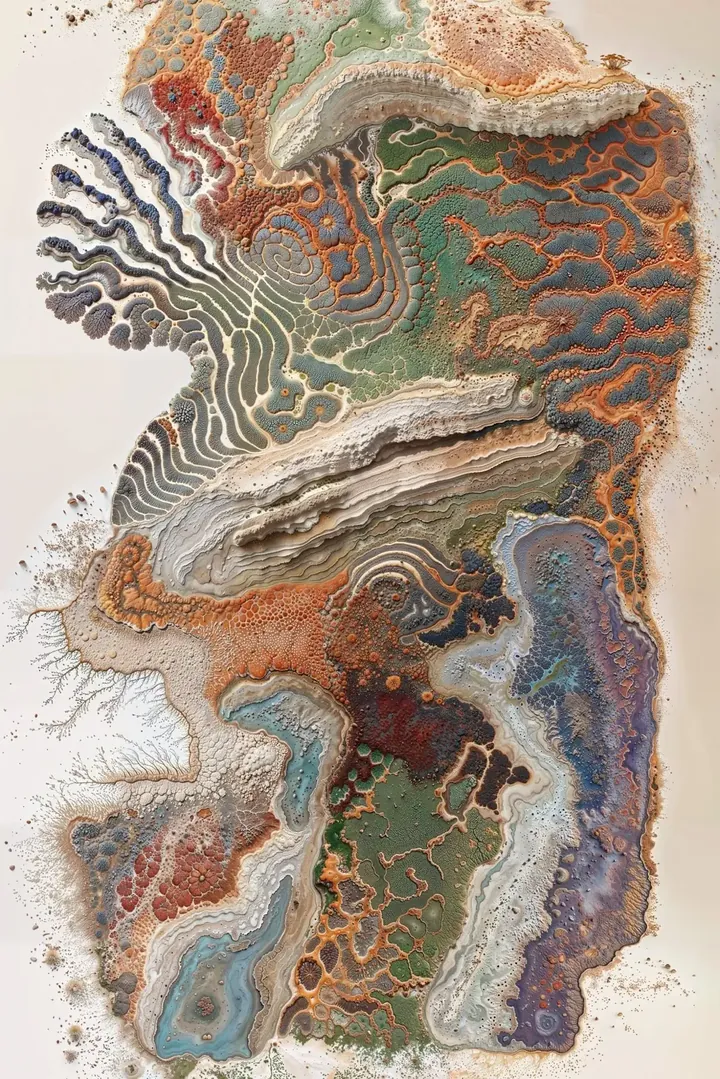 Textured artwork like a living map: moss, sand, rivers and coral-like patterns spreading across the page