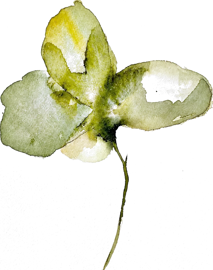 Watercolour three-petal leaf; each petal carries one of the three Es